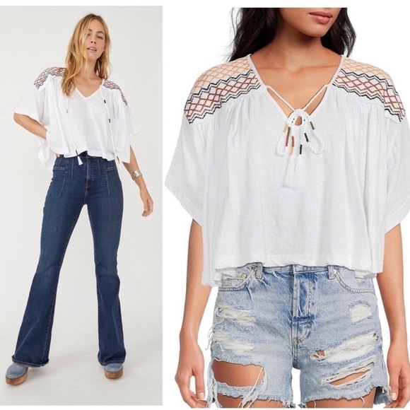 Free People Market Embroidery Trim Tassel Tie V-Neck Dolman Sleeve Tee Small - Picture 1 of 13